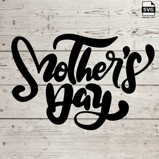 Mother’s Day bold lettering with heart accents on a wood background. SVG digital download preview.