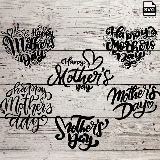 Six decorative Mother’s Day quotes with hearts and leaves on a wood background. SVG digital download preview.