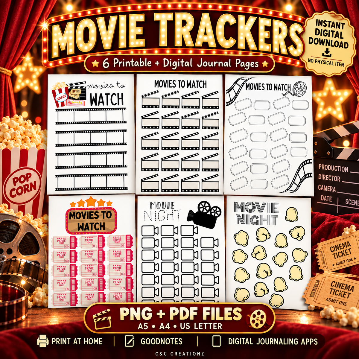 Movie tracker printable and digital journal pages PNG PDF A5 A4 US Letter for Goodnotes and digital journaling