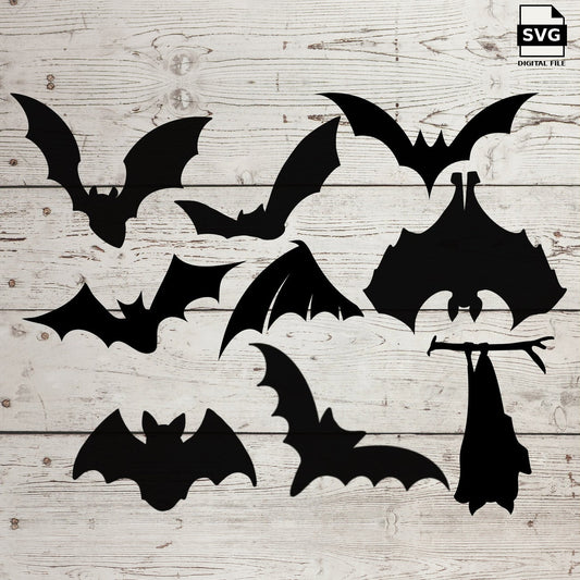Nine black bat silhouettes. SVG digital download preview.