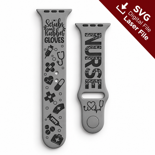 Nurse Heartbeat watch band SVG laser engraving file shown as a finished engraved gray silicone watch band mockup