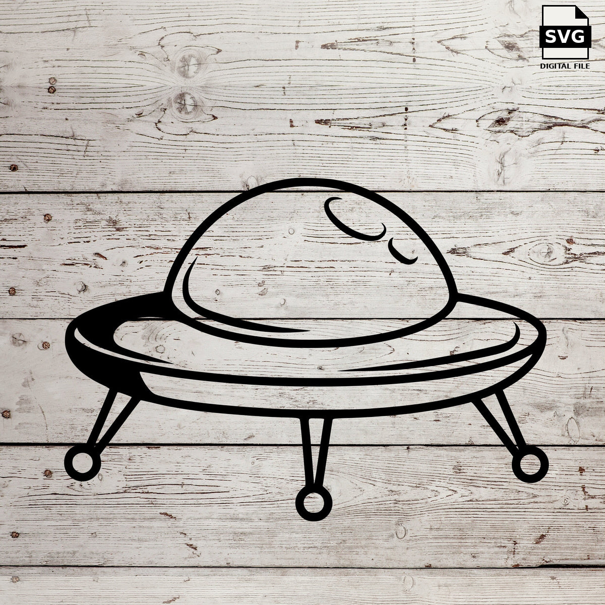 Flying saucer illustration on a wood background. SVG digital download preview.