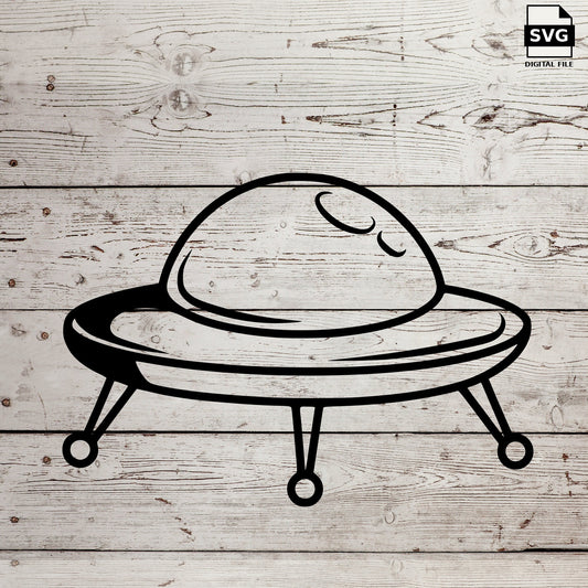 Flying saucer illustration on a wood background. SVG digital download preview.
