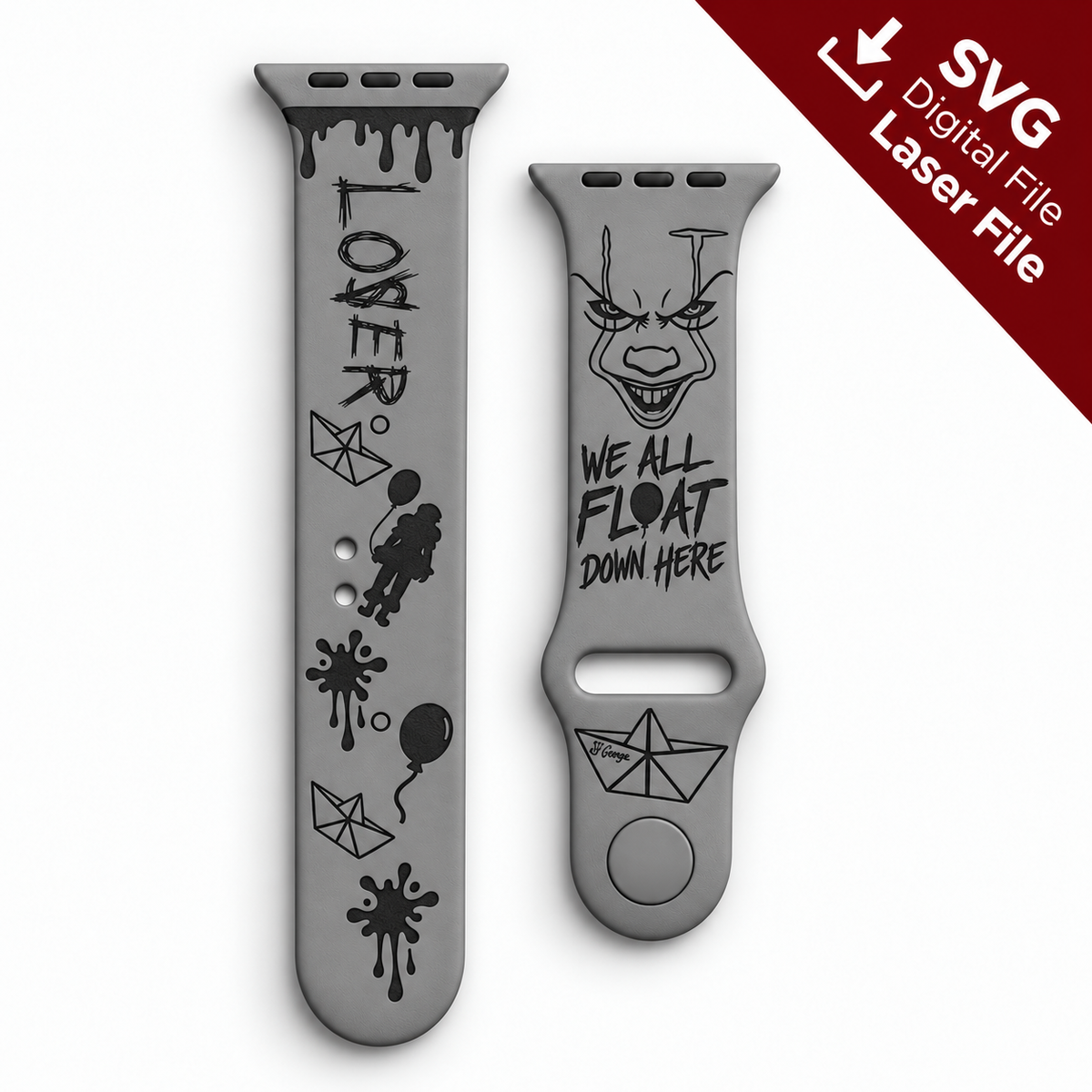 Pennywise horror watch band SVG laser engraving file shown as a finished engraved gray silicone watch band mockup