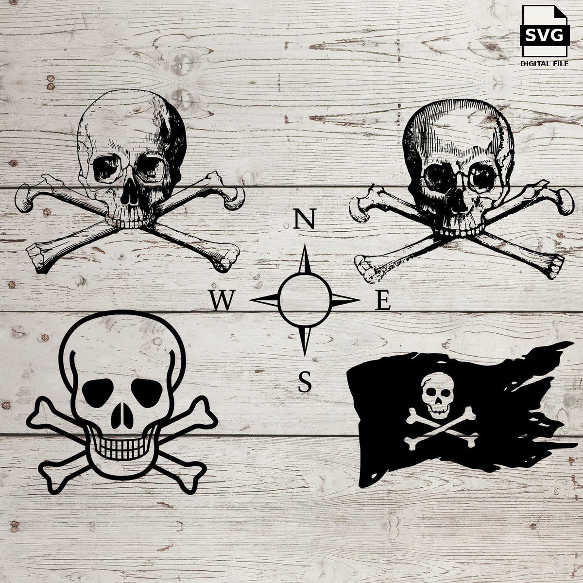 Pirate skulls, crossbones, a compass and a pirate flag. SVG digital download preview.