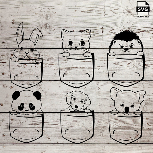 Six pocket animals including rabbit, cat, hedgehog, panda, puppy and koala. SVG digital download preview.