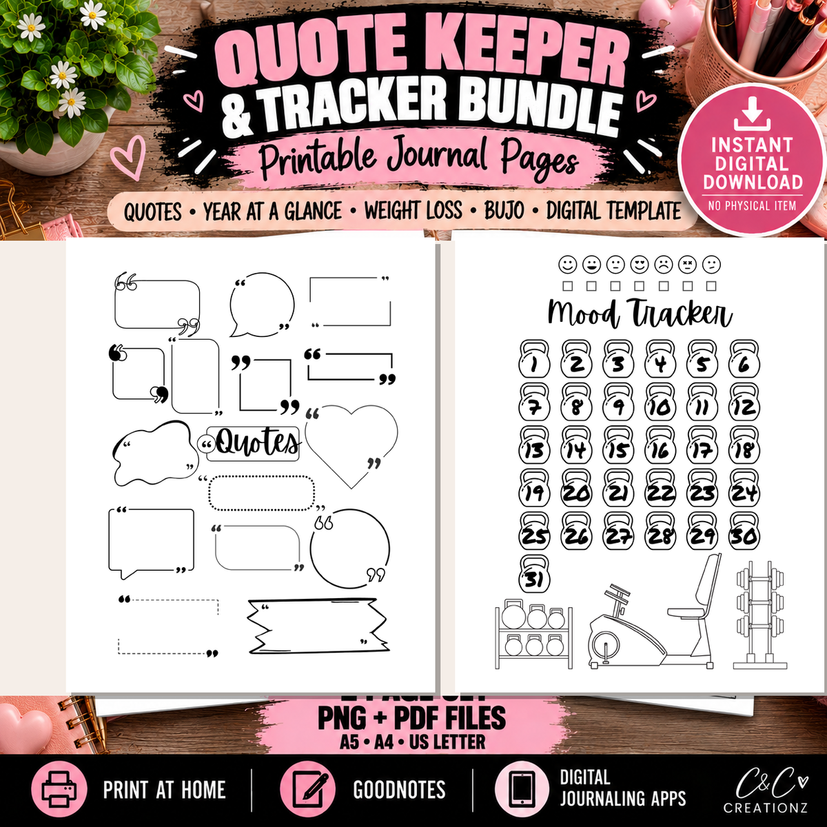 Quote keeper and mood tracker printable digital journal pages PNG PDF A5 A4 US Letter for Goodnotes and digital journaling