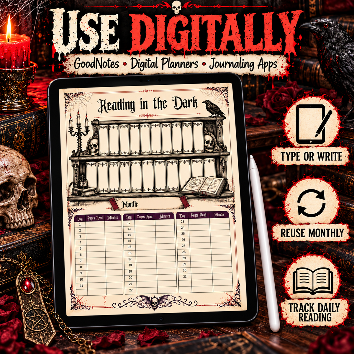 Reading in the Dark horror reading tracker displayed on a tablet for GoodNotes, digital planners, and journaling apps