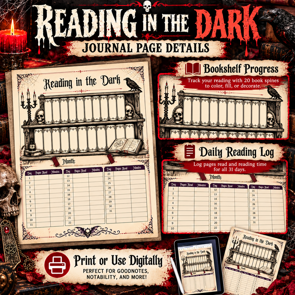 Reading in the Dark horror reading tracker journal page details showing bookshelf progress, daily reading log, and print or digital use