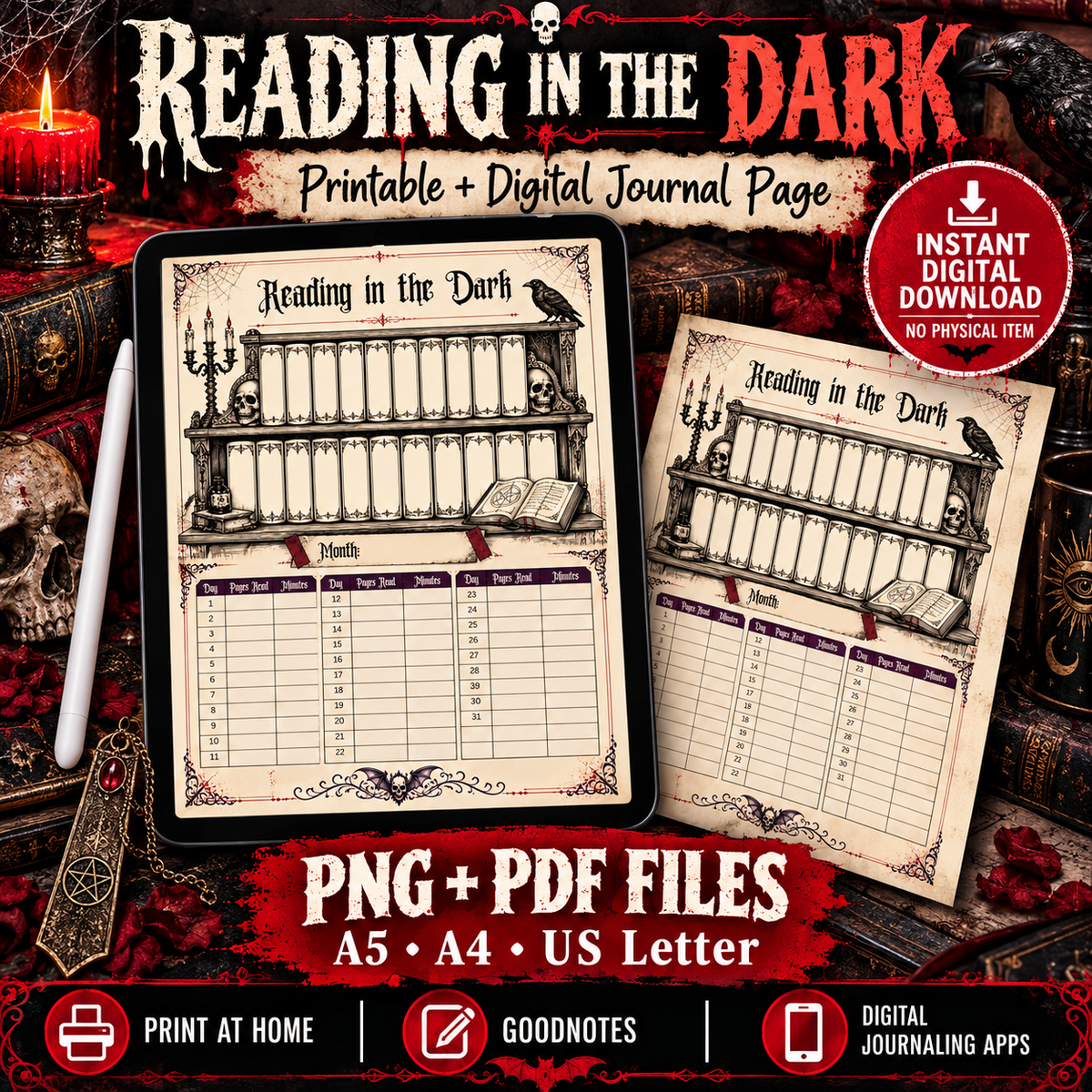 Reading in the Dark printable and digital horror journal page shown on tablet and printed sheet with PNG and PDF file details