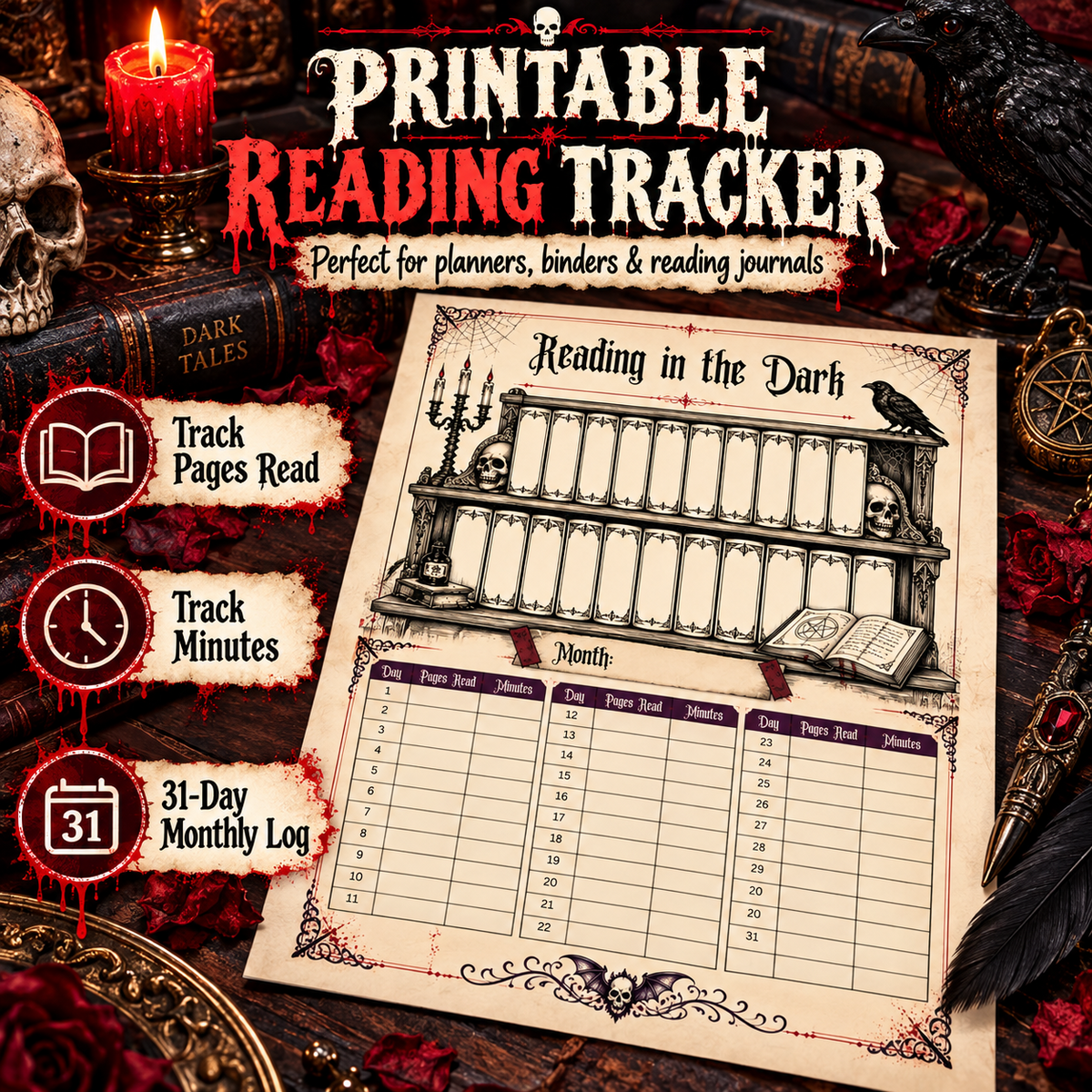 Reading in the Dark printable horror reading tracker product image showing pages read, minutes read, and a 31-day monthly log