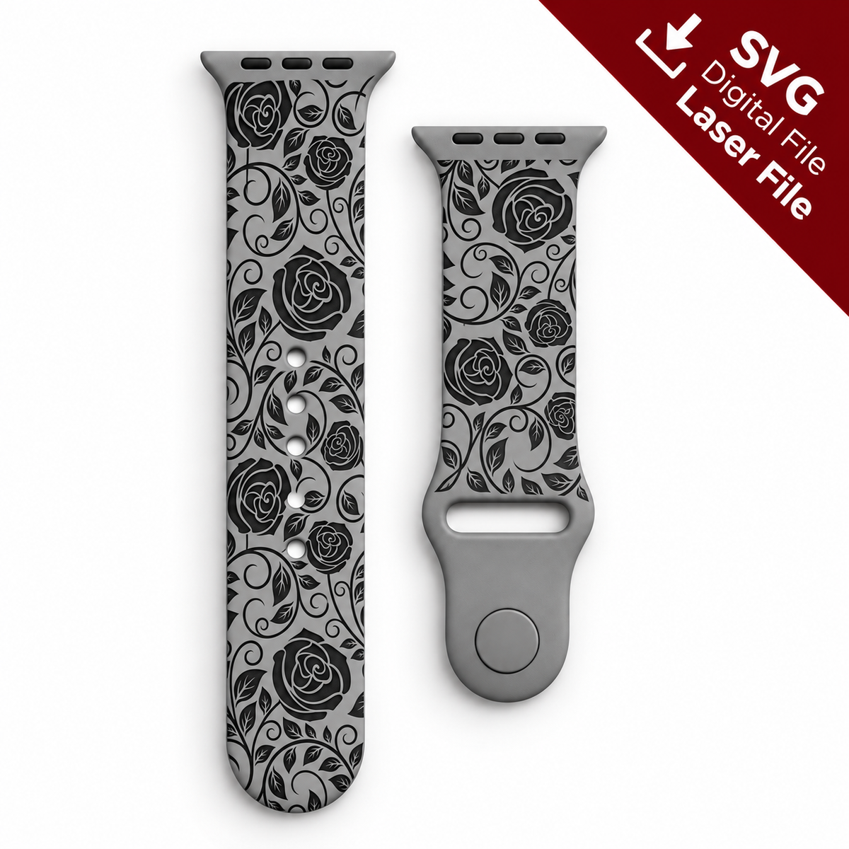 Rose Flower watch band SVG laser engraving file shown as a finished engraved gray silicone watch band mockup