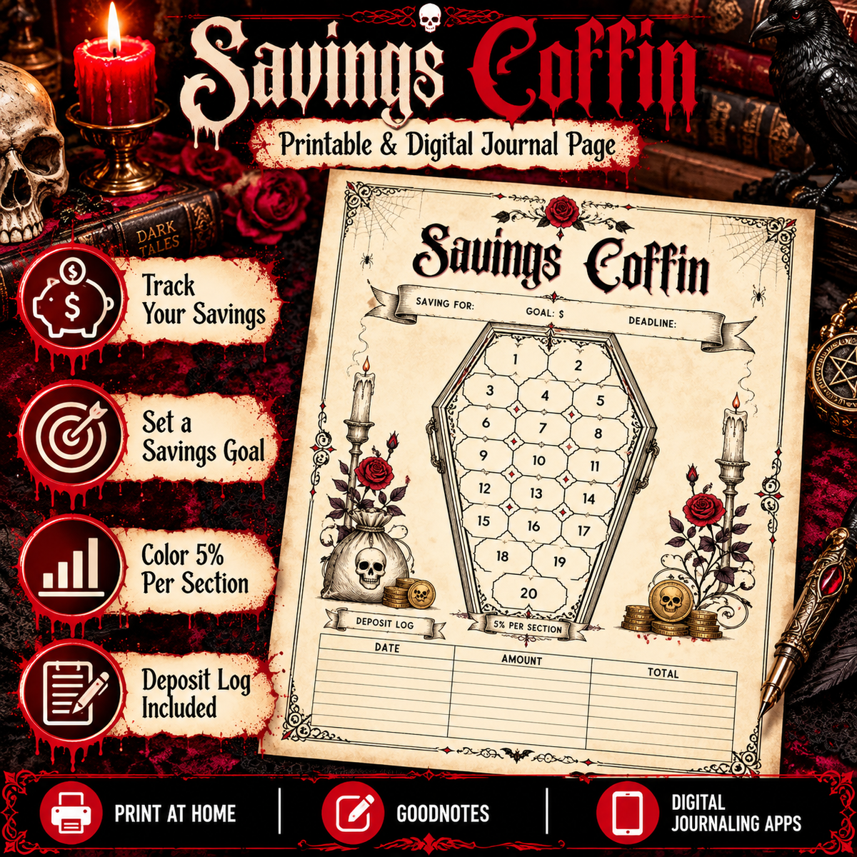 Savings Coffin horror savings tracker features including savings goal, 5 percent sections, deposit log, print at home, GoodNotes, and digital journaling