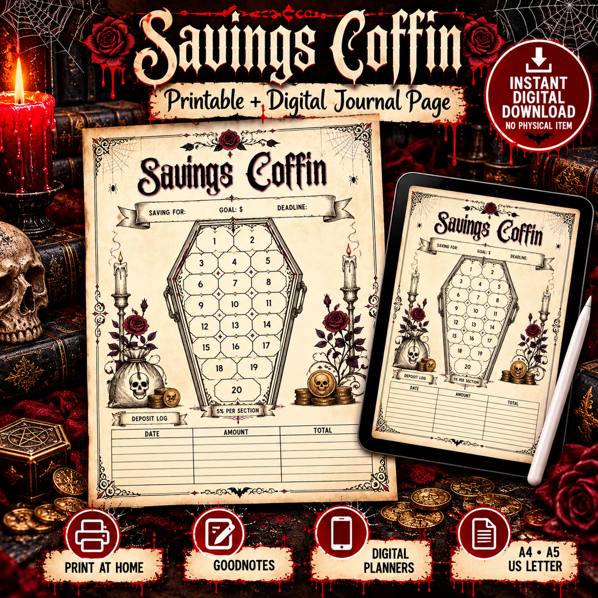 Savings Coffin printable and digital horror journal page shown with a tablet mockup, gothic roses, candles, skulls, coins, and savings tracker details