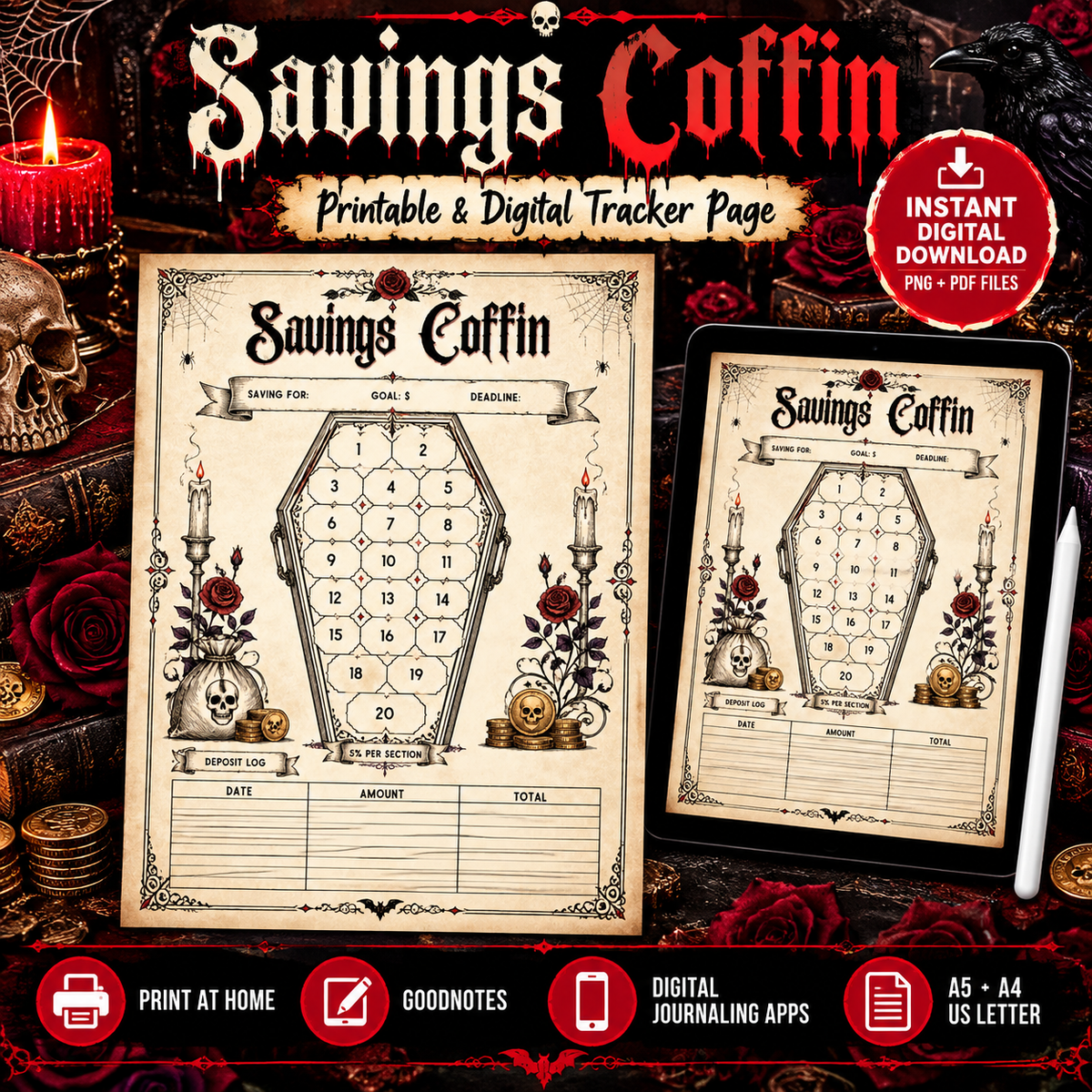 Savings Coffin printable and digital horror savings tracker journal page with coffin savings grid, deposit log, tablet mockup, and instant digital download badge