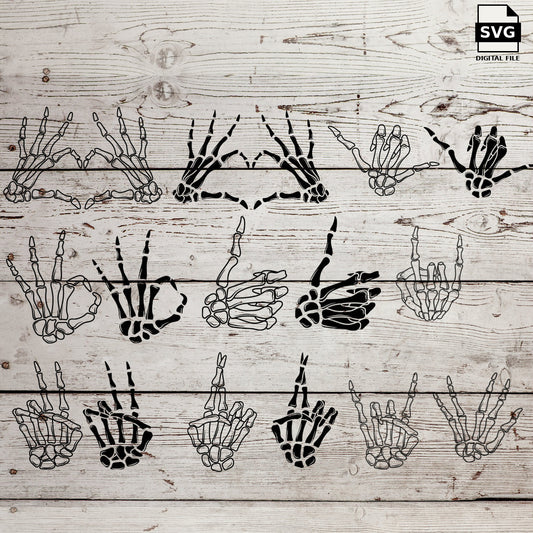 Skeleton hands making assorted gestures on a wood background. SVG digital download preview.