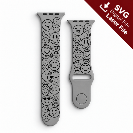 Smiley Face watch band SVG laser engraving file shown as a finished engraved gray silicone watch band mockup