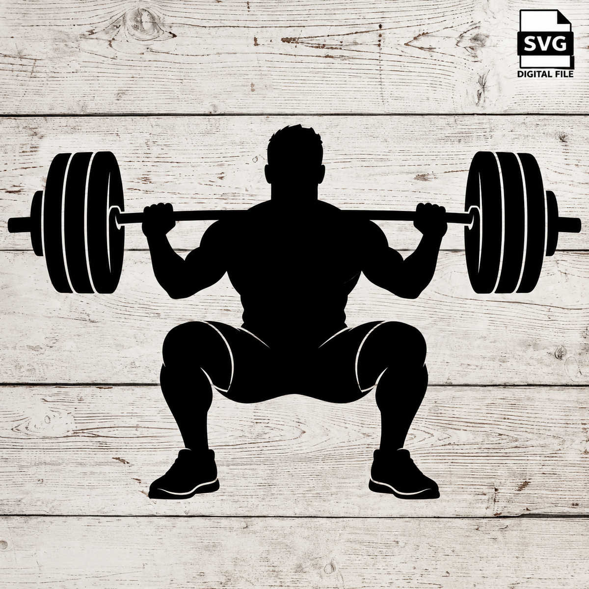 Squat SVG digital file design on whitewashed wood with SVG Digital File badge in the top-right corner.