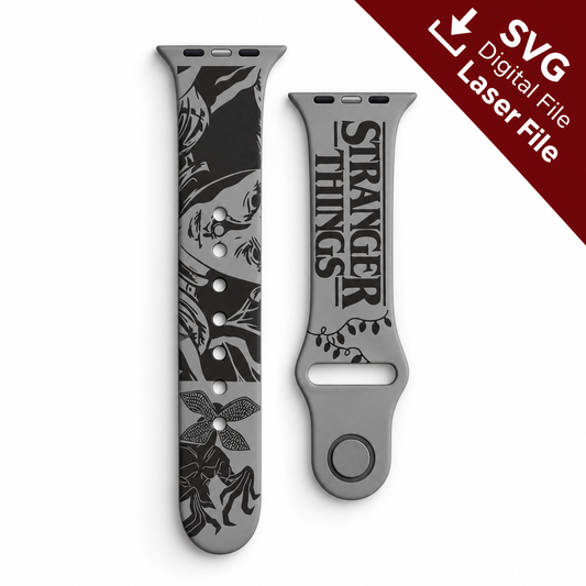 Strange Things watch band SVG laser engraving file shown as a finished engraved gray silicone watch band mockup
