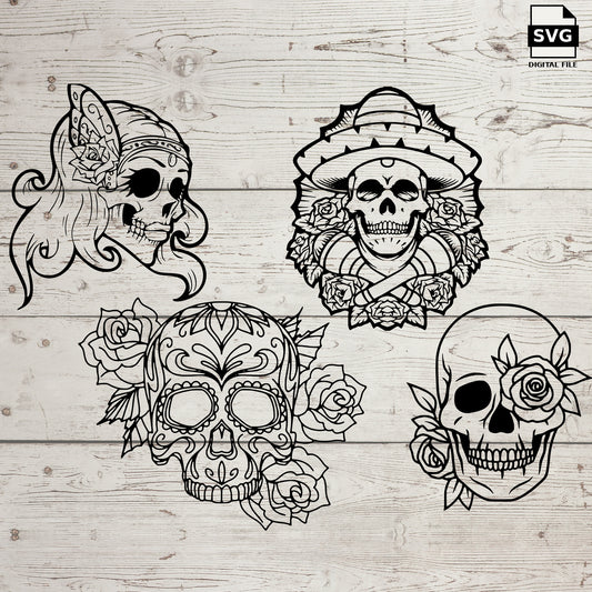 Sugar Skull Bundle #2 with four Day of the Dead skull designs on whitewashed wood. SVG digital file preview.