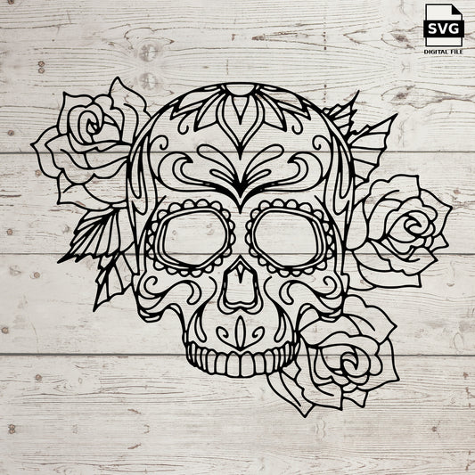 Decorative sugar skull SVG surrounded by roses on whitewashed wood, labeled SVG digital file.