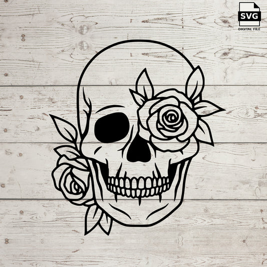 Skull SVG decorated with roses and leaves on whitewashed wood, labeled SVG digital file.