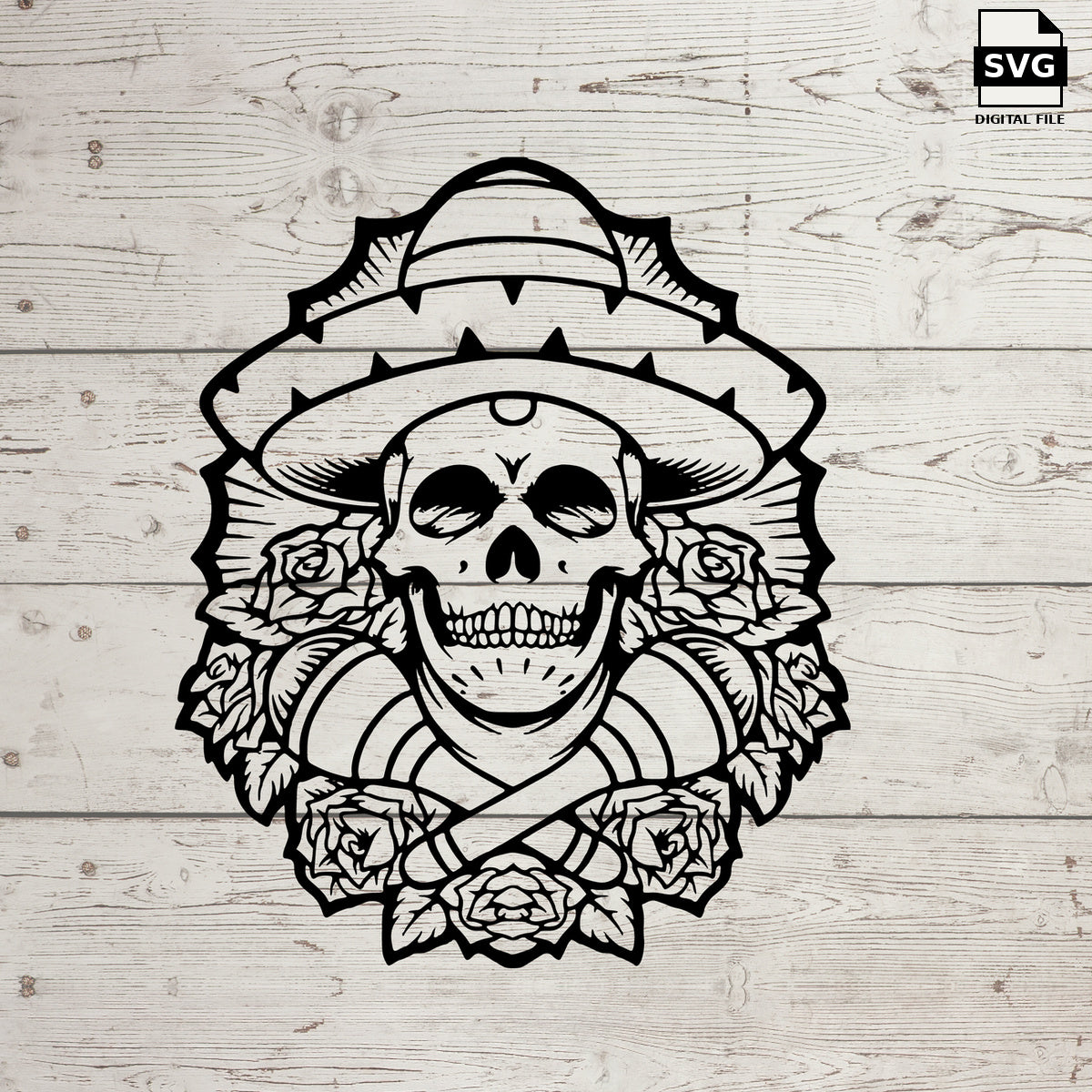 Sugar skull SVG wearing a sombrero with roses and a bandana on whitewashed wood, labeled SVG digital file.