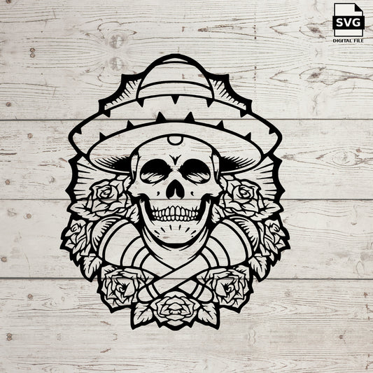 Sugar skull SVG wearing a sombrero with roses and a bandana on whitewashed wood, labeled SVG digital file.
