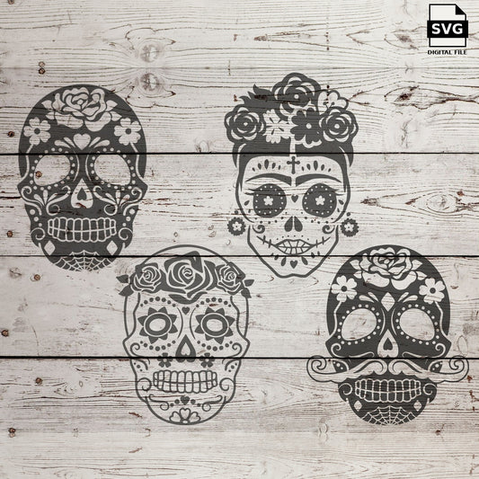 Sugar Skull SVG Bundle with four Day of the Dead skull designs on whitewashed wood. SVG digital file preview.