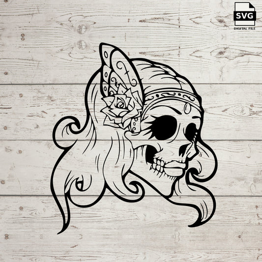 Viking girl sugar skull SVG with long hair and an ornate helmet on whitewashed wood, labeled SVG digital file.