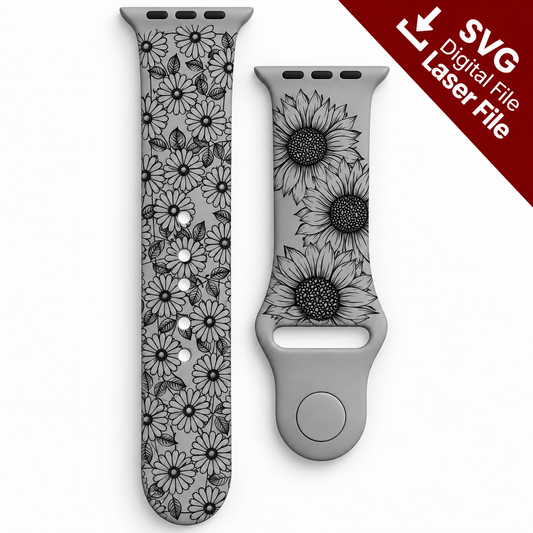 Sunflower watch band SVG laser engraving file shown as a finished engraved gray silicone watch band mockup