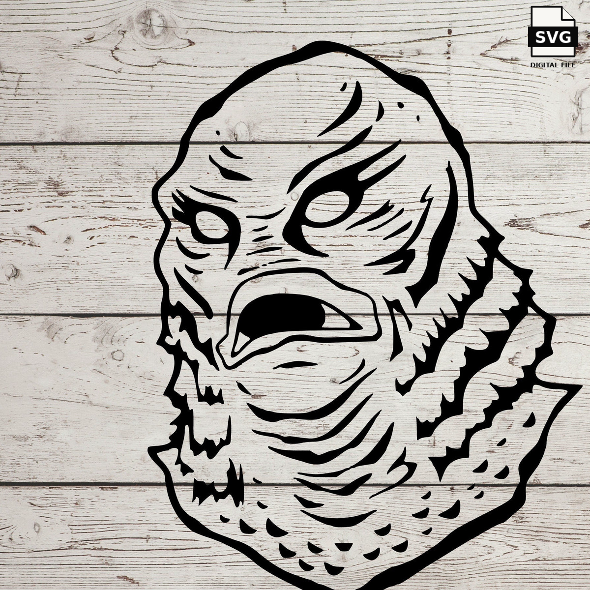 Swamp classic horror character SVG design on a whitewashed wood background. SVG digital file preview.