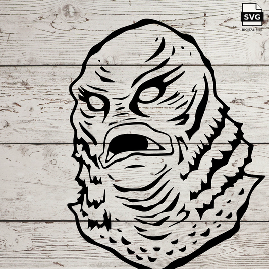 Swamp classic horror character SVG design on a whitewashed wood background. SVG digital file preview.