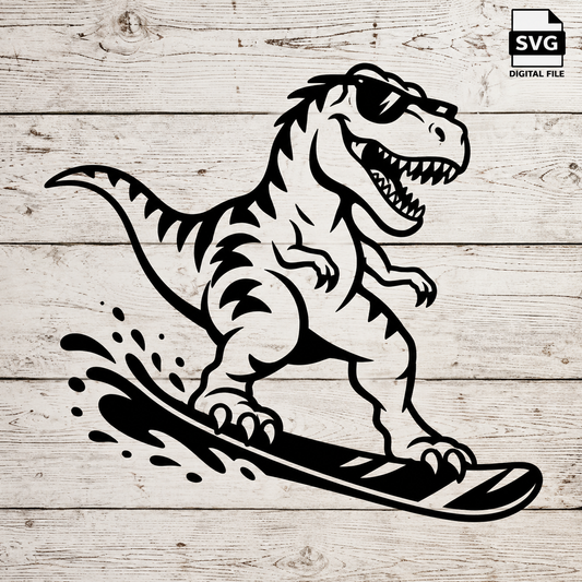 T-Rex Dino Snowboarding SVG digital file design on whitewashed wood with SVG Digital File badge in the top-right corner.