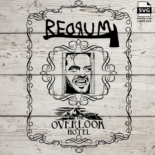 The Shining Redrum Overlook Hotel whiskey label. SVG digital download preview.