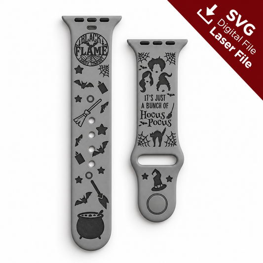Three Witches watch band SVG laser engraving file shown as a finished engraved gray silicone watch band mockup
