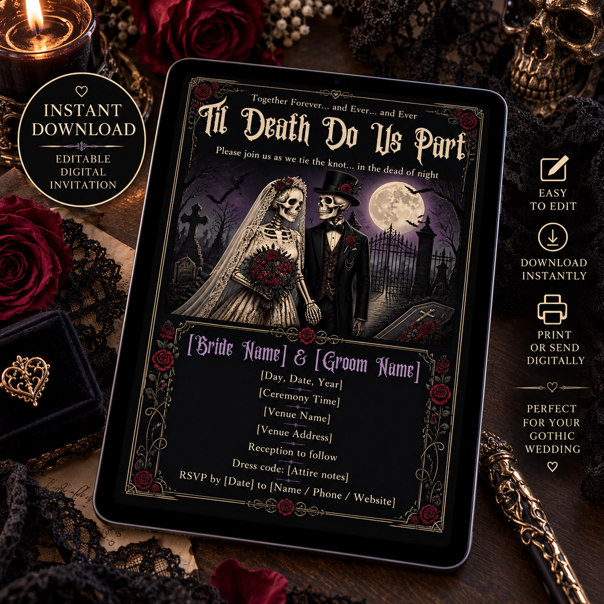 Editable Til Death Do Us Part gothic wedding invitation displayed on tablet with instant download details