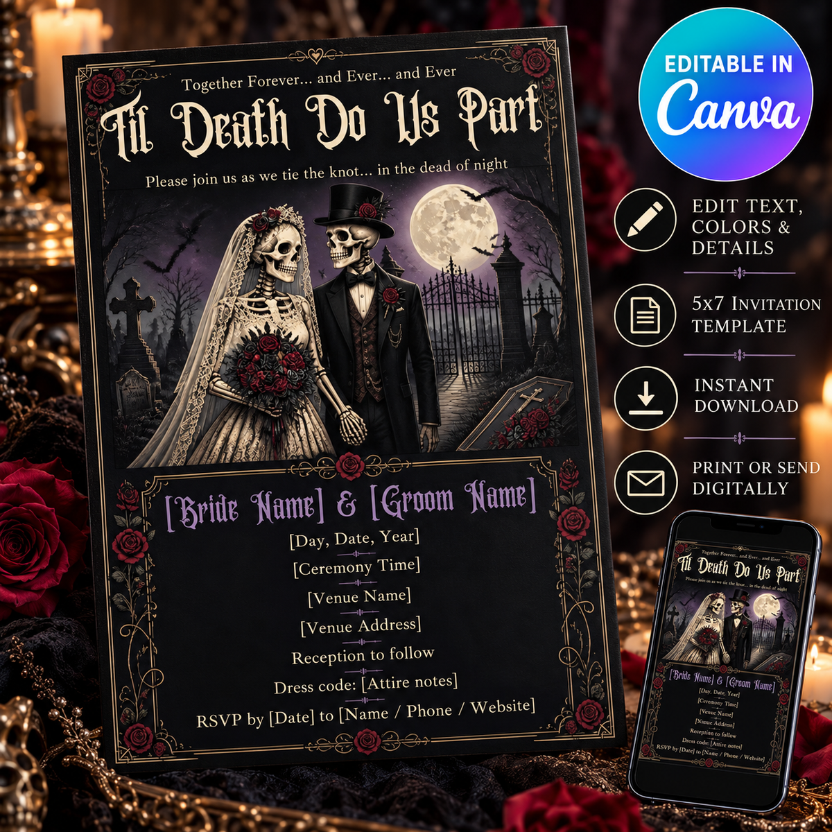 Til Death Do Us Part gothic skeleton wedding invitation editable Canva 5x7 digital template