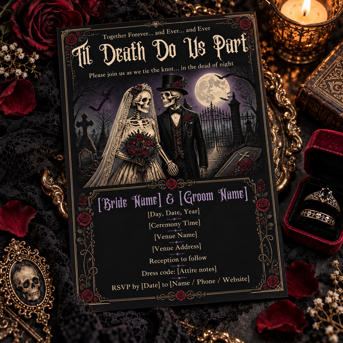 Til Death Do Us Part skeleton bride and groom wedding invitation flat lay with gothic roses and jewelry