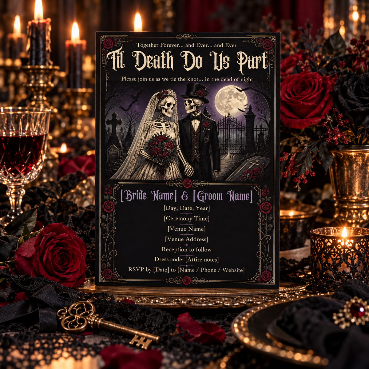 Til Death Do Us Part gothic wedding invitation lifestyle mockup with candles, red roses and dark romantic decor