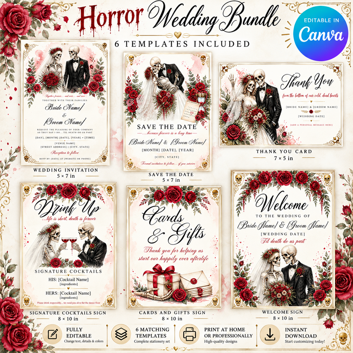 Til Death Do Us Part horror wedding bundle with 6 editable Canva templates including invitation, save the date, thank you card, welcome sign, bar sign, and cards and gifts sign
