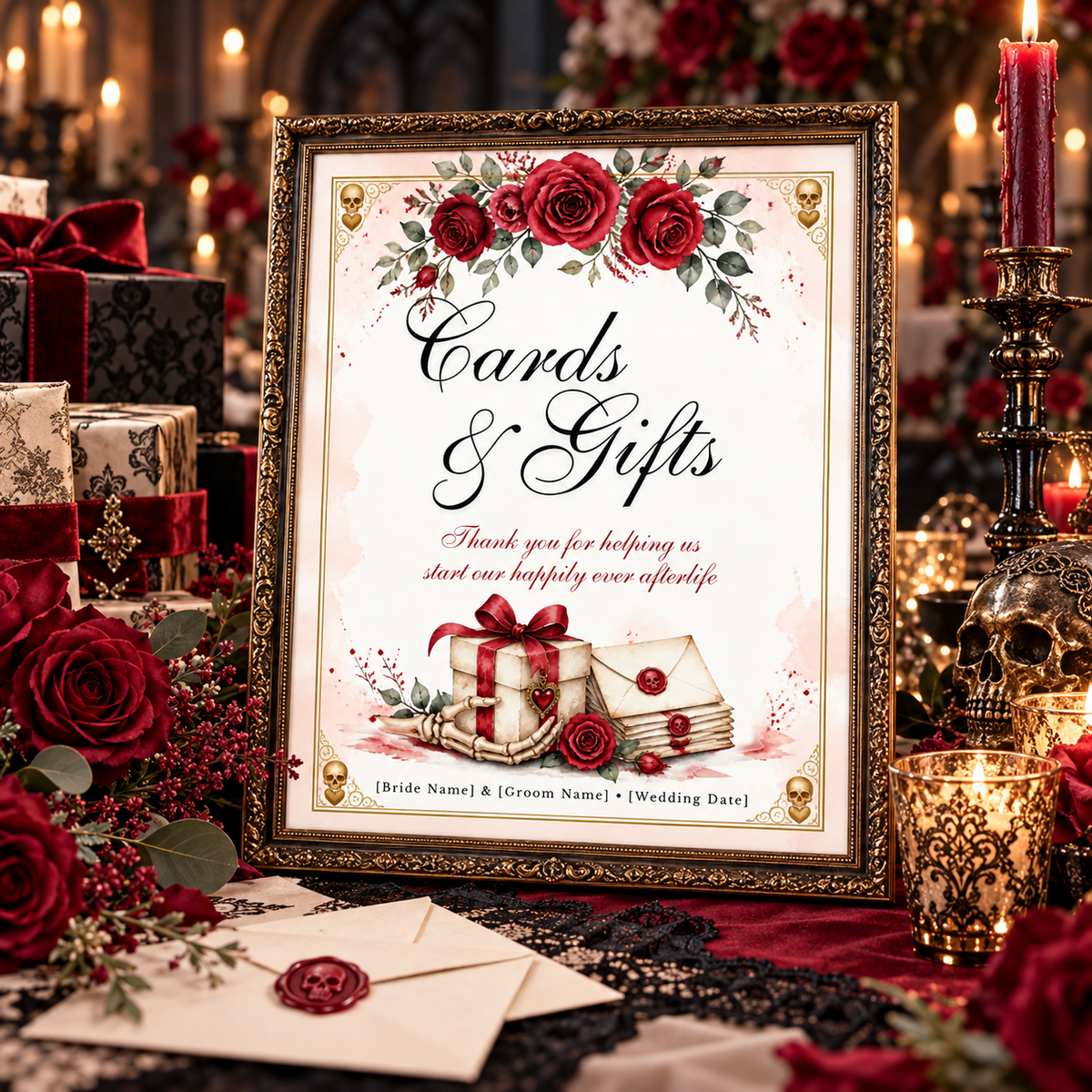 Til Death horror wedding Cards and Gifts sign shown framed in a gothic red rose wedding setting