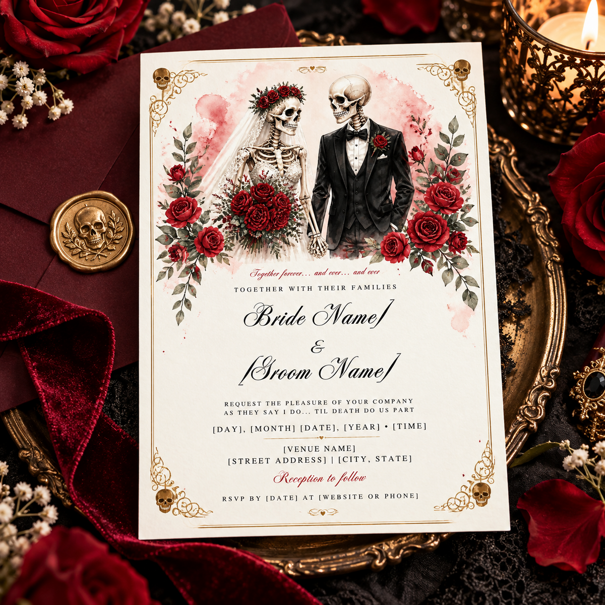 Til Death horror wedding invitation template with skeleton bride and groom, red roses, and editable wedding details