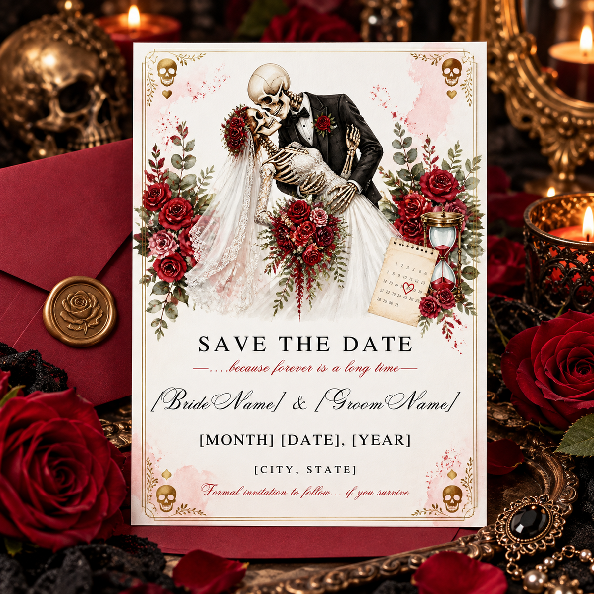 Til Death horror wedding save the date template with skeleton bride and groom and red rose gothic styling