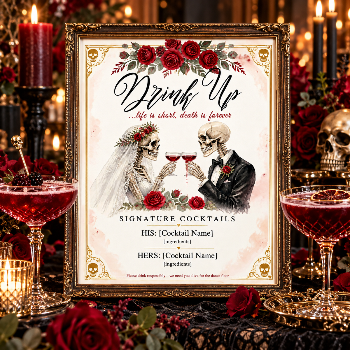 Til Death horror wedding signature cocktails sign with skeleton bride and groom in a gothic reception setting