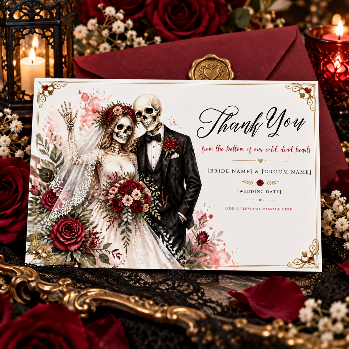 Til Death horror wedding thank you card with skeleton bride and groom, red roses, and gothic wedding styling