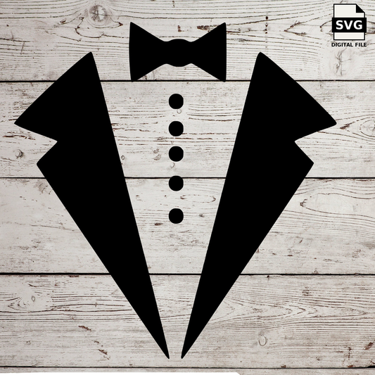 Tuxedo lapels, buttons and bow tie on a wood background. SVG digital download preview.