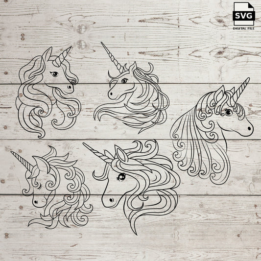 Five unicorn head line-art designs. SVG digital download preview.