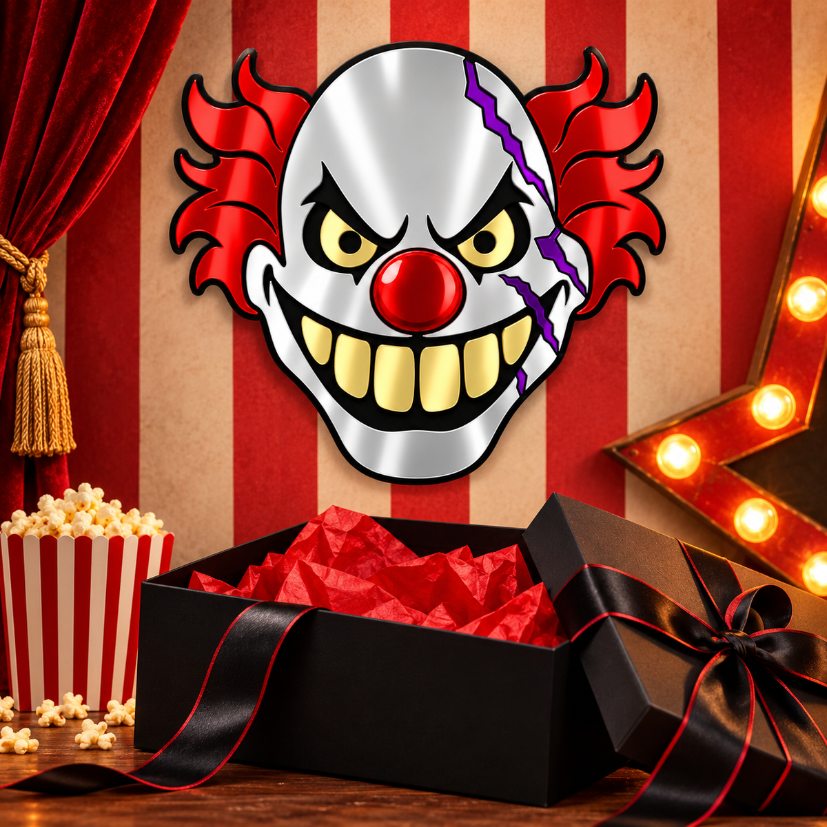 A horror-themed mirror wall art sign depicting an angry clown face, displayed in a themed setting with a red and beige striped background, a black gift box with red tissue paper, a popcorn bucket, and a marquee light.