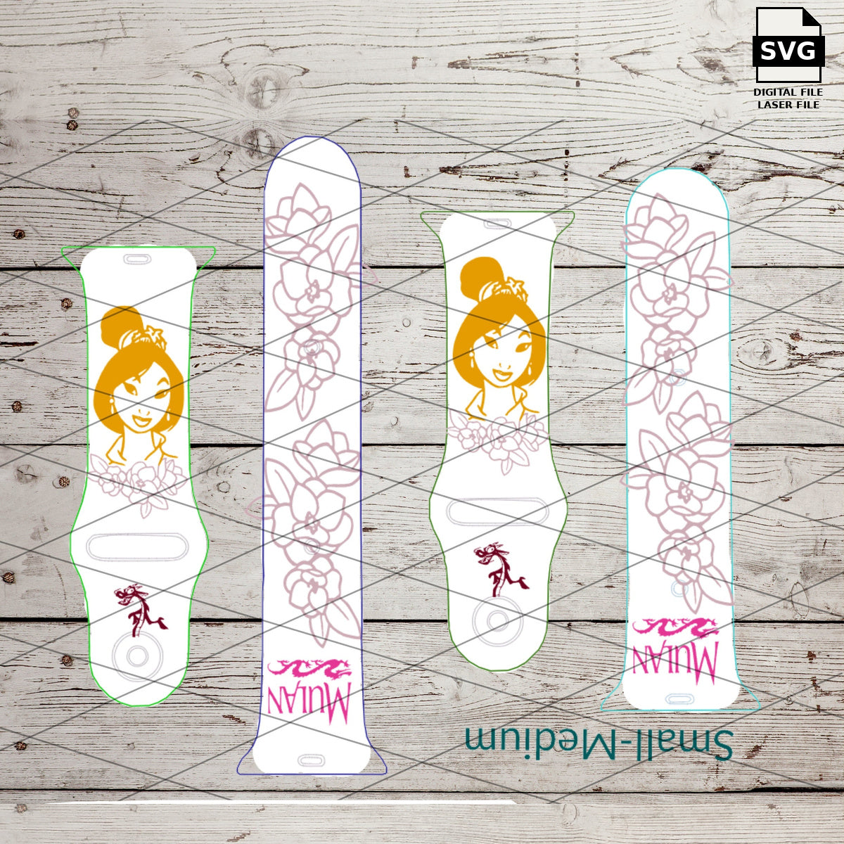 Warrior princess watch band engraving designs shown on watch-band templates. SVG laser digital download preview.